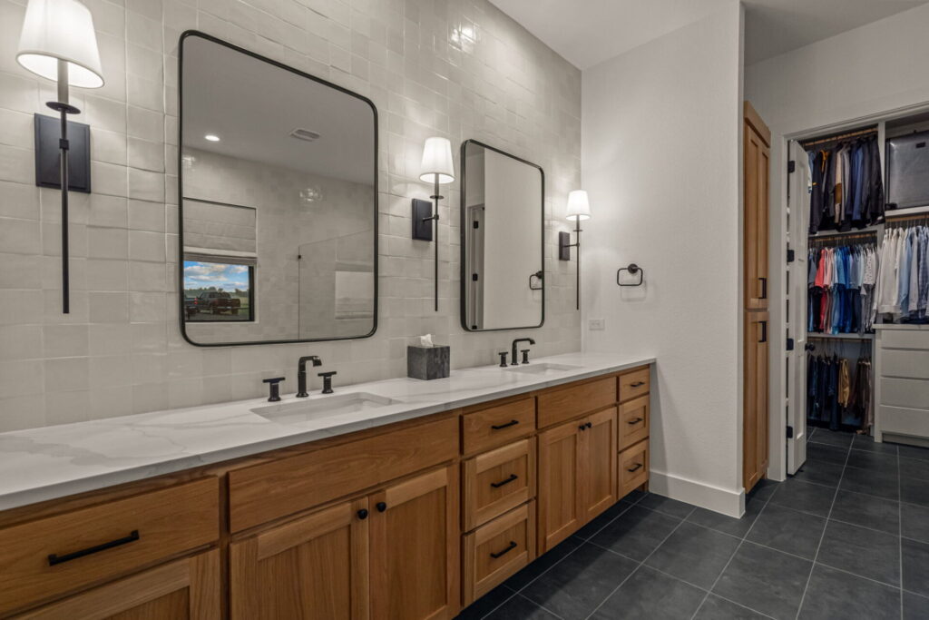 bathroom wood vanity quartz countertop black fixtures plano.jpg | The Design House