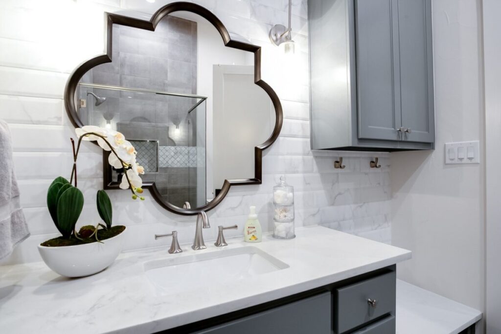 luxury guest bath blue vanity quartz argyle tx.jpg | The Design House