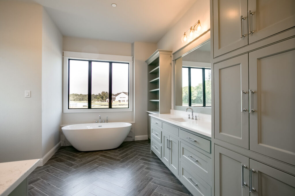 master bath remodel freestanding tub chevron tile denton.jpg | The Design House