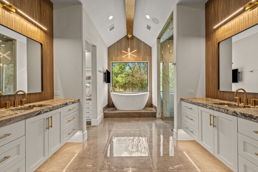 vaulted master bathroom remodel marble tile flowermound.jpg | The Design House